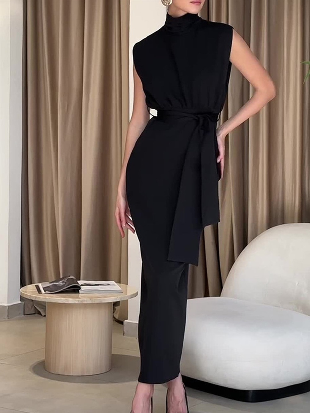 Commense Solid Slit Belted Turtleneck Long Dress M LL1-32